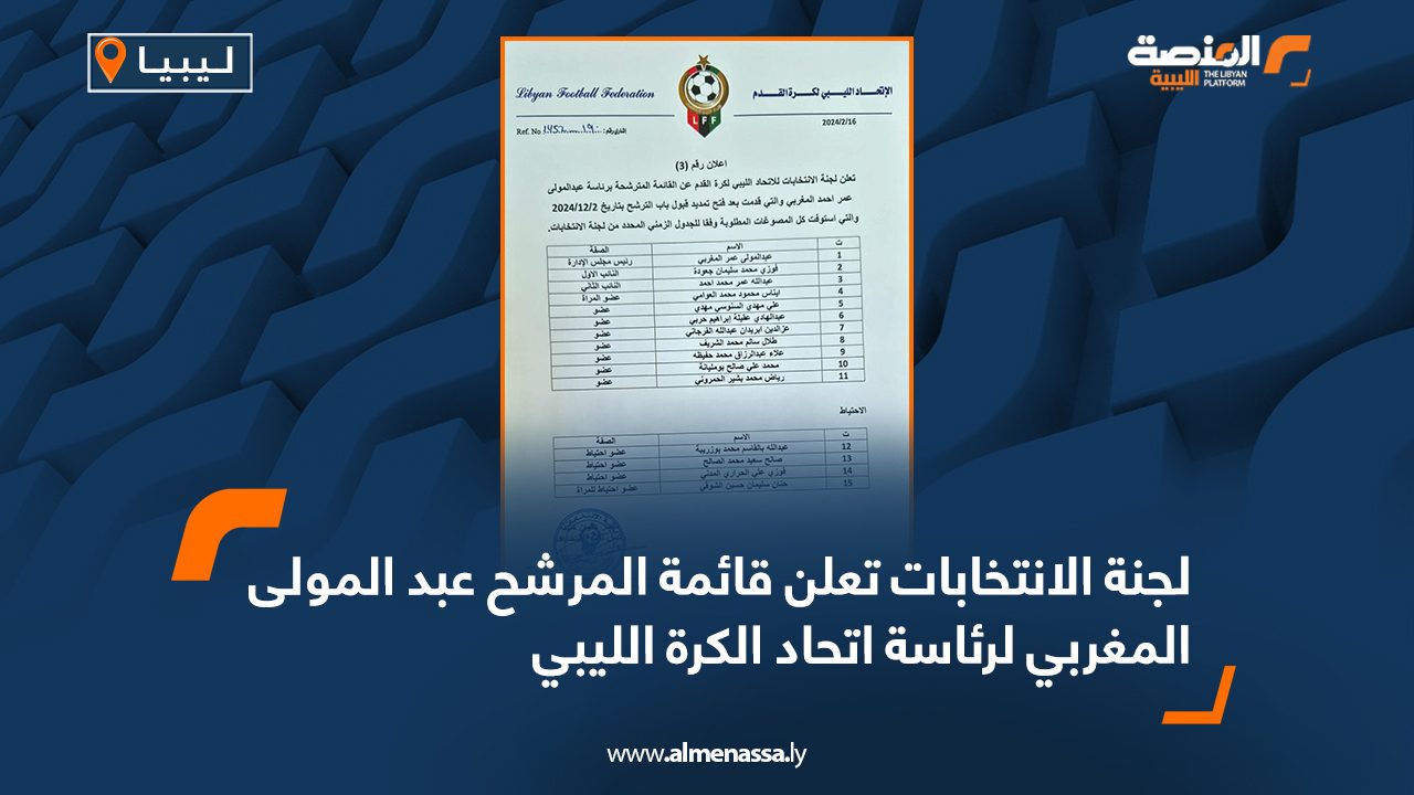 لجنة الانتخابات تعلن قائمة المرشح عبدالمولى المغربي  لرئاسة اتحاد الكرة الليبي 