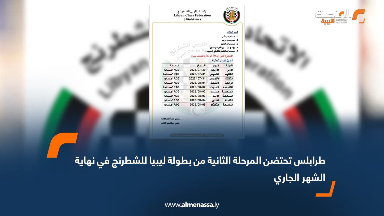 Wide Web طرابلس تحتضن المرحلة الثانية من بطولة ليبيا للشطرنج في نهاية الشهر الجاري