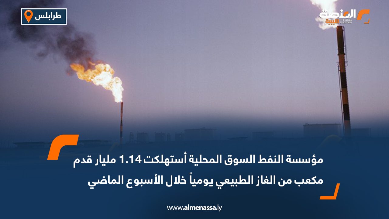 مؤسسة النفط: السوق المحلية استهلكت 1.14 مليار قدم مكعب من الغاز الطبيعي يومياً خلال الأسبوع الماضي 
