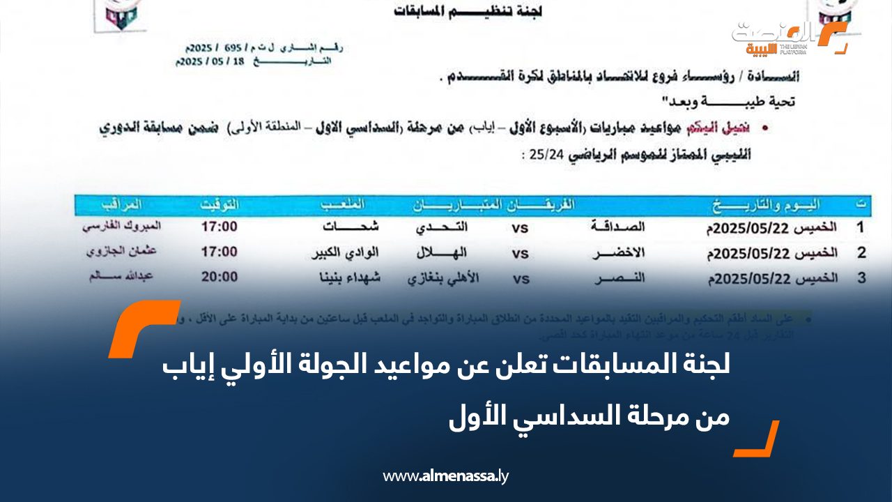 لجنة المسابقات تعلن عن مواعيد الجولة الأولي إياب من مرحلة السداسي الأول